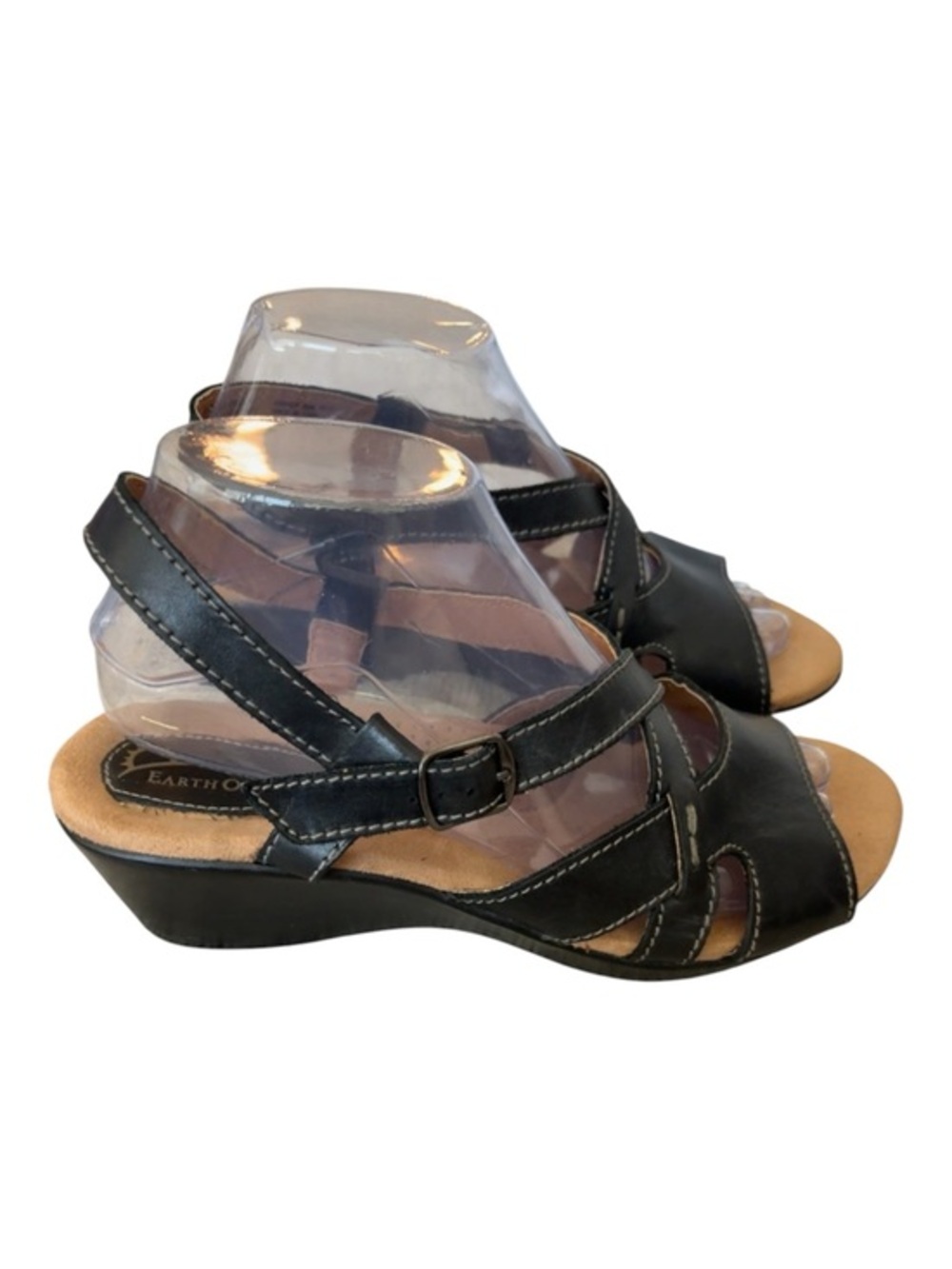 Earth Origins Brandy Black Leather Comfort Wedge Sandals Women’s 8 .5  Wide